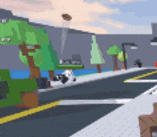 a pixel art drawing of a street with trees and buildings