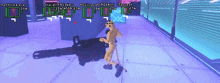 a video game shows a naked man standing next to a gun with a purple background
