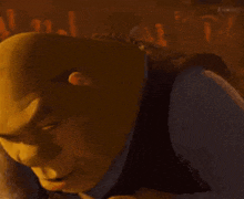 shrek from shrek is smiling and looking at the camera while wearing a blue vest .