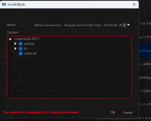 a computer screen that says install mods and says the content of cyberpunk 2077 does not look valid