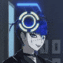 a cartoon character with blue hair and a circle on her head .