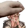 a hand is holding a woman 's head while wearing glasses .
