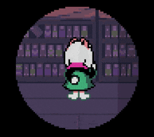 a pixel art of a cat standing in front of a purple building