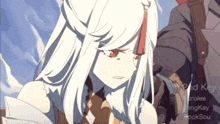 a girl with white hair and red eyes is standing next to a man in a video game