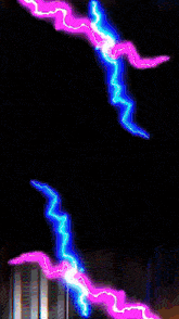 a purple and blue lightning bolt strikes a dark background