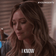 a woman says " i know " in front of a youngertv logo