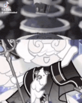 a close up of a cookie run character holding a trident and a sword .