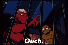 a cartoon character is behind bars and the word ouch is on the bottom