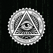 an all seeing eye in a triangle with the words always watching scavenger hunt written around it