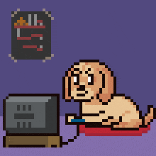 pixel art of a dog playing a video game