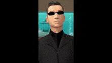 a man in a suit and sunglasses is standing in front of a blue wall .