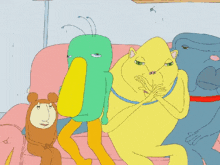a group of cartoon characters sit on a pink couch
