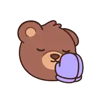 a brown teddy bear wearing purple mittens sleeping