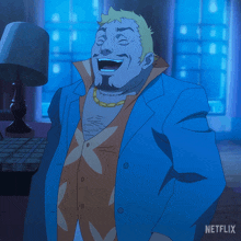 a cartoon of a man in a blue jacket with a netflix logo in the corner