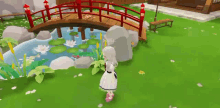 a girl in a white dress is standing in front of a bridge over a pond .