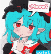 a drawing of a girl with a speech bubble that says " meow "