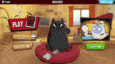 a black cat sits on a red pillow with a mouse in front of the main menu