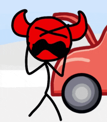 a stick figure with horns and a mustache is standing in front of a red car