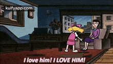a cartoon of a girl saying `` i love him ! i love him ! '' in a living room .