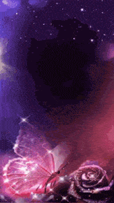 a pink butterfly is sitting on a rose with a purple background