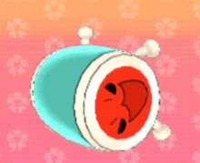 a cartoon drum with a red face on it is sitting on a pink surface .