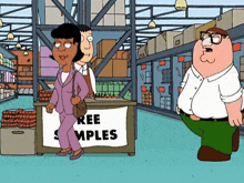 peter griffin stands in front of a table that says " ree samples "