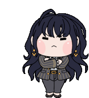 a cartoon drawing of a girl with long black hair wearing a suit