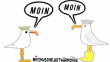 two seagulls are standing next to each other with speech bubbles that say moin