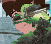 a close up of a cartoon character 's face with a green object coming out of it