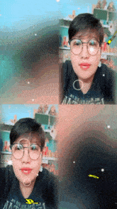a woman wearing glasses and a black shirt that says ' n.y.c. ' on the front