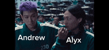 a man with purple hair is standing next to a man with black hair and the name alyx on the bottom
