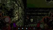 a yellow face with blue eyes is surrounded by red bottles
