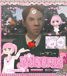 a man with a heart on his forehead is surrounded by pink hearts and the words " princess "