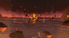 a cartoon character is surrounded by a huge flame .