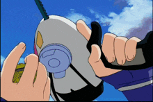 a cartoon of a person holding a remote control with the letter o on it