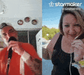 a man singing into a microphone next to a woman wearing earbuds