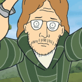a cartoon of a man wearing glasses and a green shirt