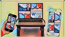 a drawing of a laptop and cell phones with the word winning on the screen