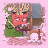 a cartoon drawing of french fries eating a sandwich