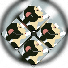 four images of a woman wearing headphones are arranged in a square pattern