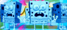 a group of spongebob squarepants standing next to each other on a blue background .