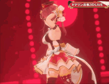 a girl in a red and white dress is standing in front of a banner that says 3dlive