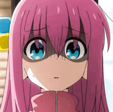 a close up of a pink haired anime girl with blue eyes