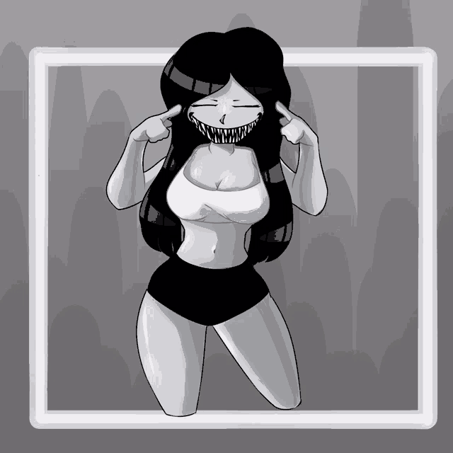 a black and white drawing of a woman with a huge smile on her face