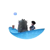 a cartoon of a boy and a monster in a boat with popcorn