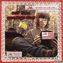 a picture of a man reading a book with the words " a03 time goodbye chat " at the top
