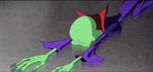 a cartoon drawing of a green monster with a purple cape