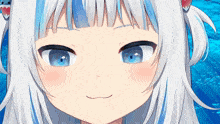 a girl with white hair and blue eyes is making a funny face