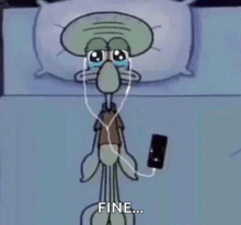 squidward from spongebob is crying while listening to music on a cell phone