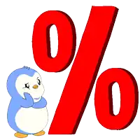 a penguin stands next to a large red percent sign